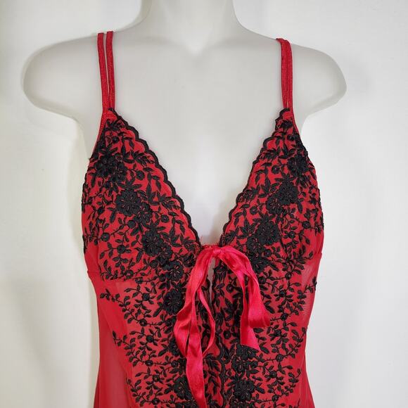 Vintage Women Lingerie Red Black Floral Embroidered Mesh Open Tie Front Sheer XL - Picture 3 of 14